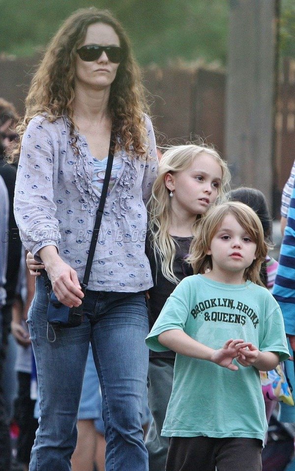 Small Lily-Rose Depp and Jack Depp with their mother Vanessa Paradis