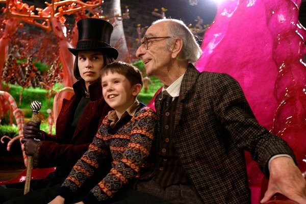 Johnny Depp (Willy Wonka), Freddie Highmore, and David Kelly in Charlie and the Chocolate Factory  Johnny Depp (Willy Wonka), Freddie Highmore, and David Kelly in Charlie and the Chocolate Factory